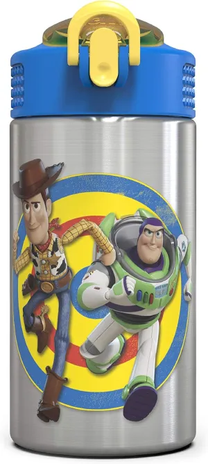 Zak Designs Toy Story 4 Buzz & Woody 15.5 ounce Water Bottle, One Hand Operation Action Lid and Built-in Carrying Loop, with Straw is Perfect for Kids