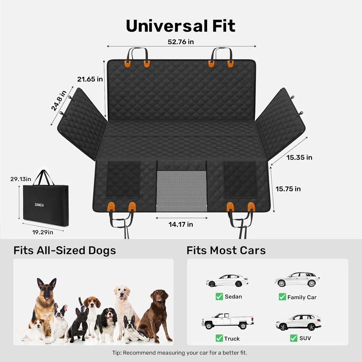 Zanch 2025 Upgraded Dog Car Seat Cover, 400 lbs Heavy Duty Hard Bottom, Waterproof & Anti-Scratch Back Seat Protector, Nonslip Pet Hammock Extender for Cars, SUV, Trucks, Standard-Black