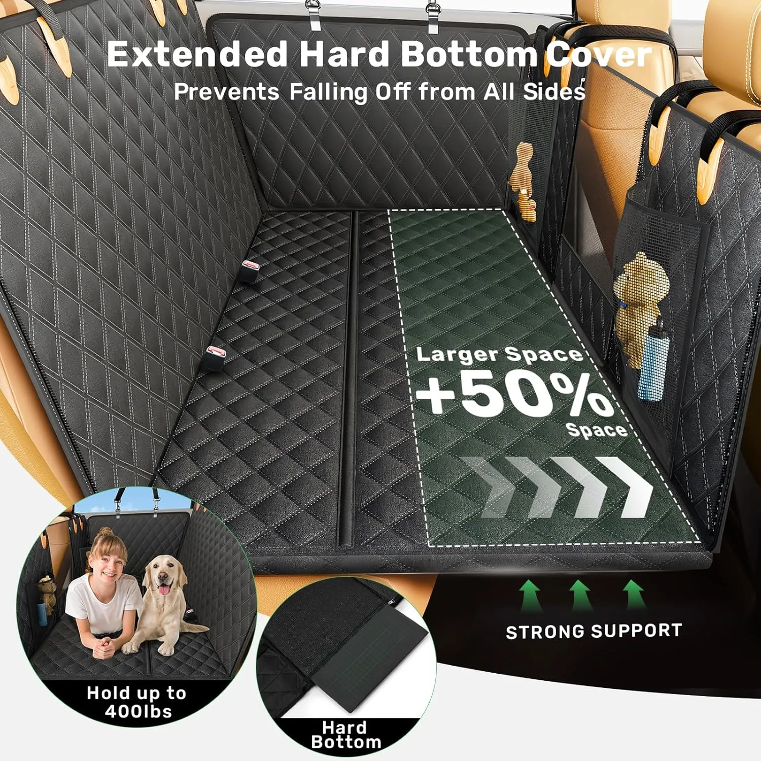 Zanch 2025 Upgraded Dog Car Seat Cover, 400 lbs Heavy Duty Hard Bottom, Waterproof & Anti-Scratch Back Seat Protector, Nonslip Pet Hammock Extender for Cars, SUV, Trucks, Standard-Black