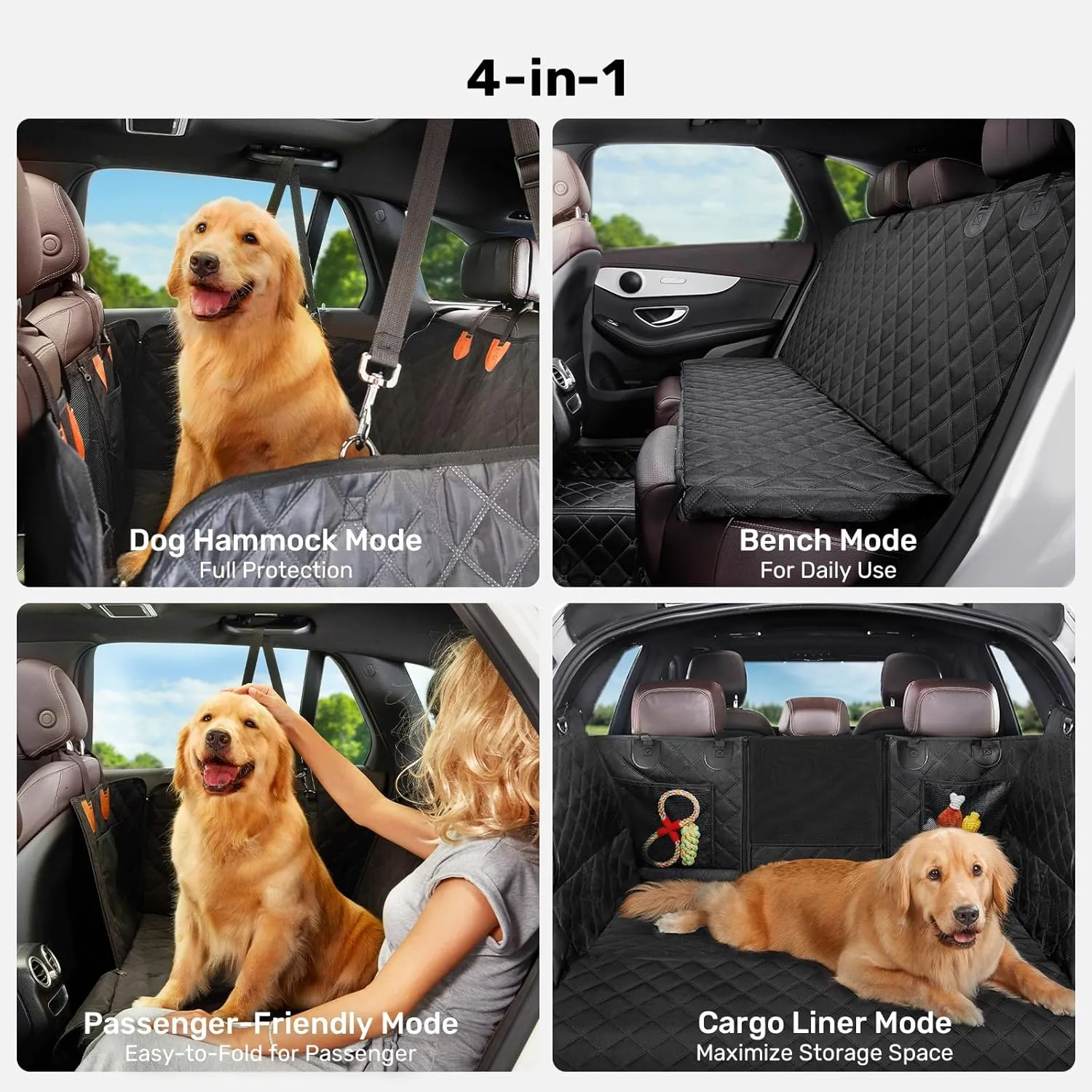 Zanch 2025 Upgraded Dog Car Seat Cover, 400 lbs Heavy Duty Hard Bottom, Waterproof & Anti-Scratch Back Seat Protector, Nonslip Pet Hammock Extender for Cars, SUV, Trucks, Standard-Black