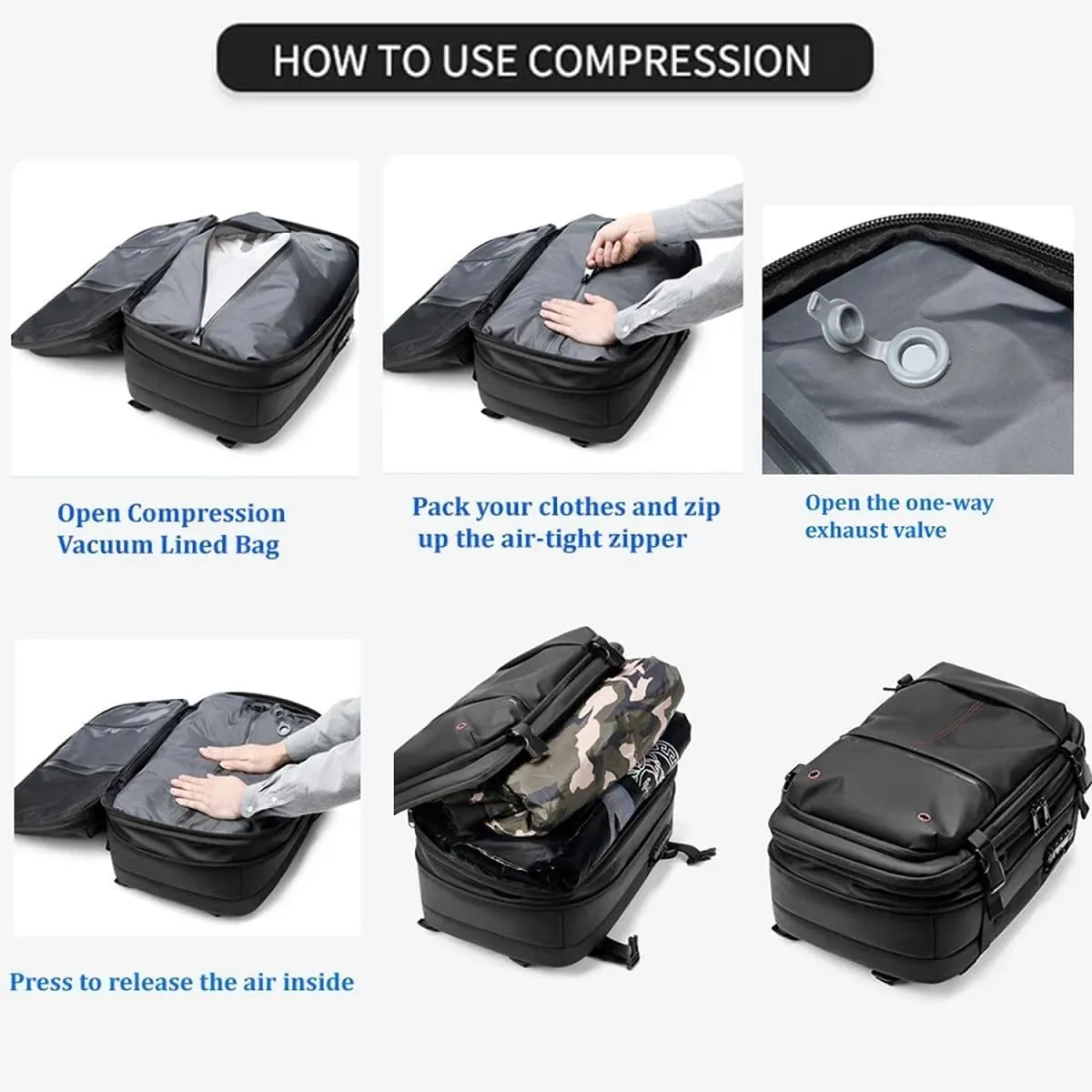 ZJQ Go Trend Mart Backpack, Pro–Travel Smart with Vacuum Compression & Waterproof Design, 60L Vacpack Backpack with Vacuum (Black with Pumps)