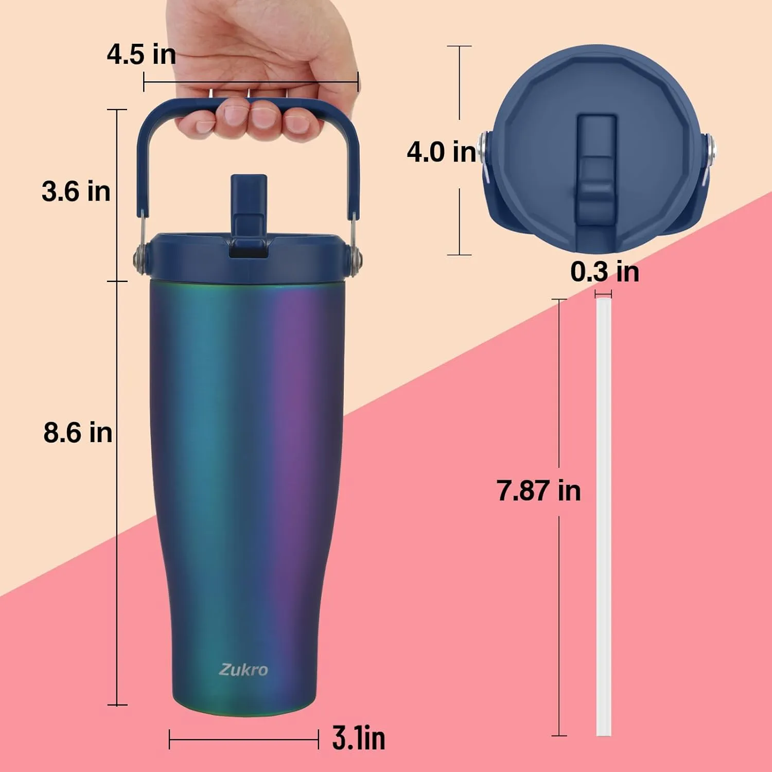 Zukro 40 OZ Tumbler With Flip Straw, Triple-Wall Easy-carry Insulated Water Bottles With Top Handle Fit in Cupholder, Leakproof Stainless Steel Water Jug For Gym, Outdoors, Cold Drinks