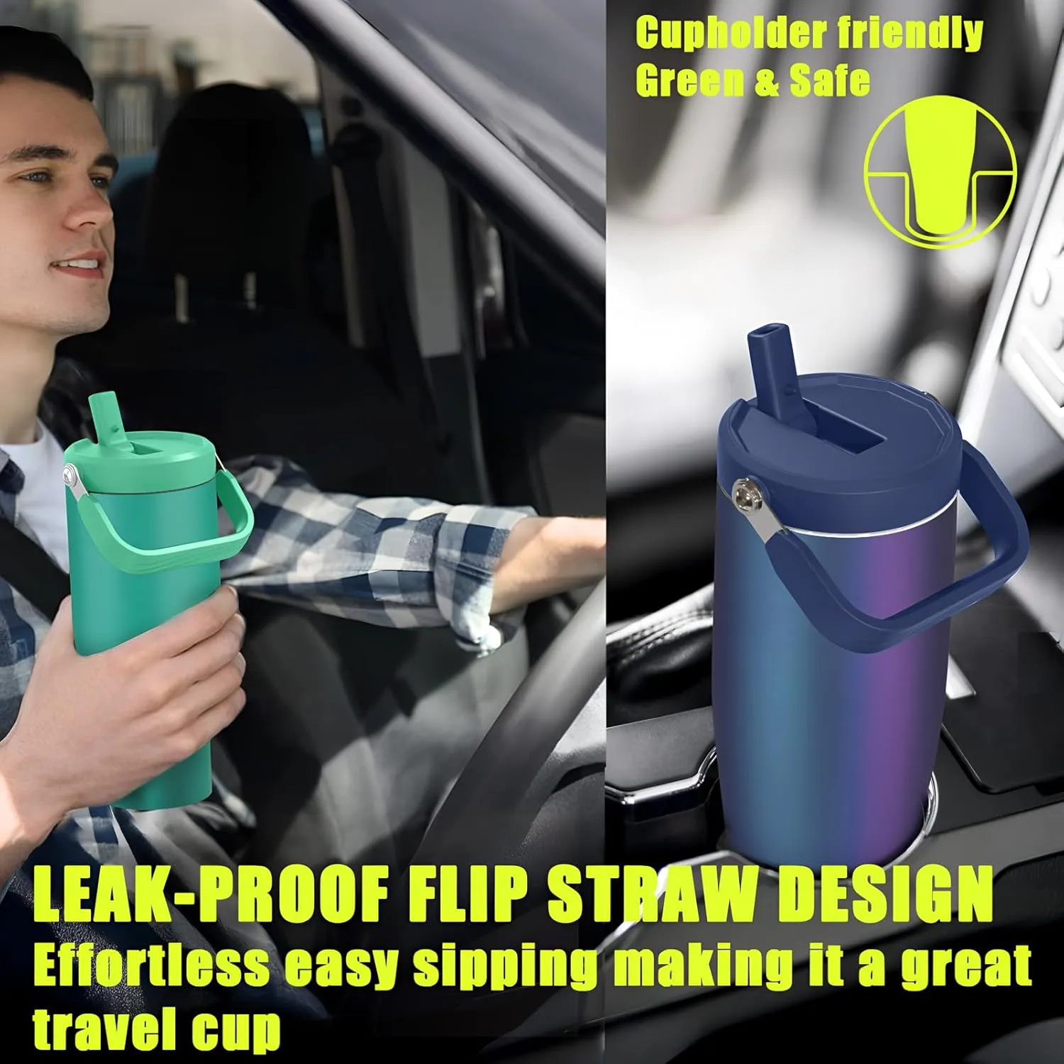 Zukro 40 OZ Tumbler With Flip Straw, Triple-Wall Easy-carry Insulated Water Bottles With Top Handle Fit in Cupholder, Leakproof Stainless Steel Water Jug For Gym, Outdoors, Cold Drinks