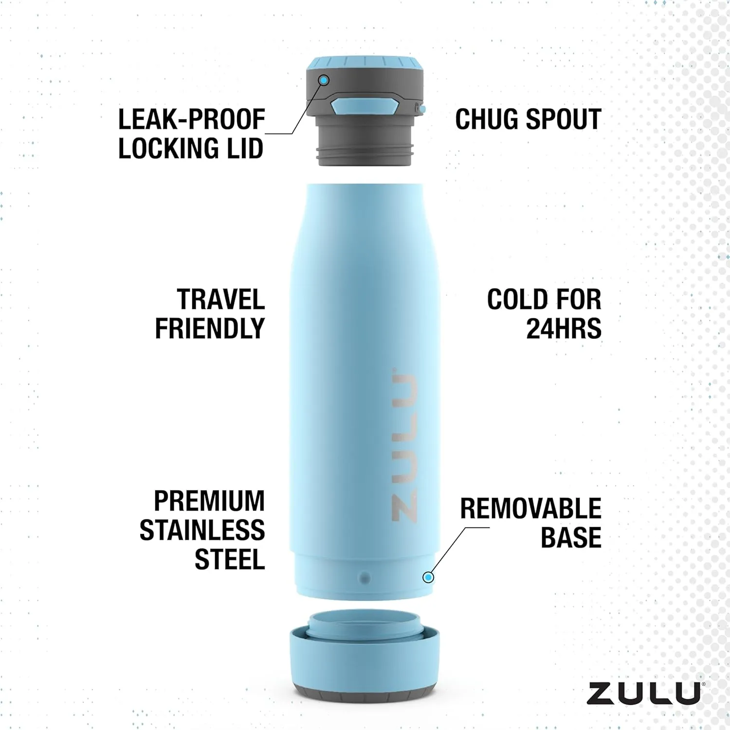 ZULU Ace Vacuum Insulated Stainless Steel Water Bottle with Chug Spout, Leak-Proof Locking Lid and Removable Base for School, Backpack, Sports, Gym, Travel