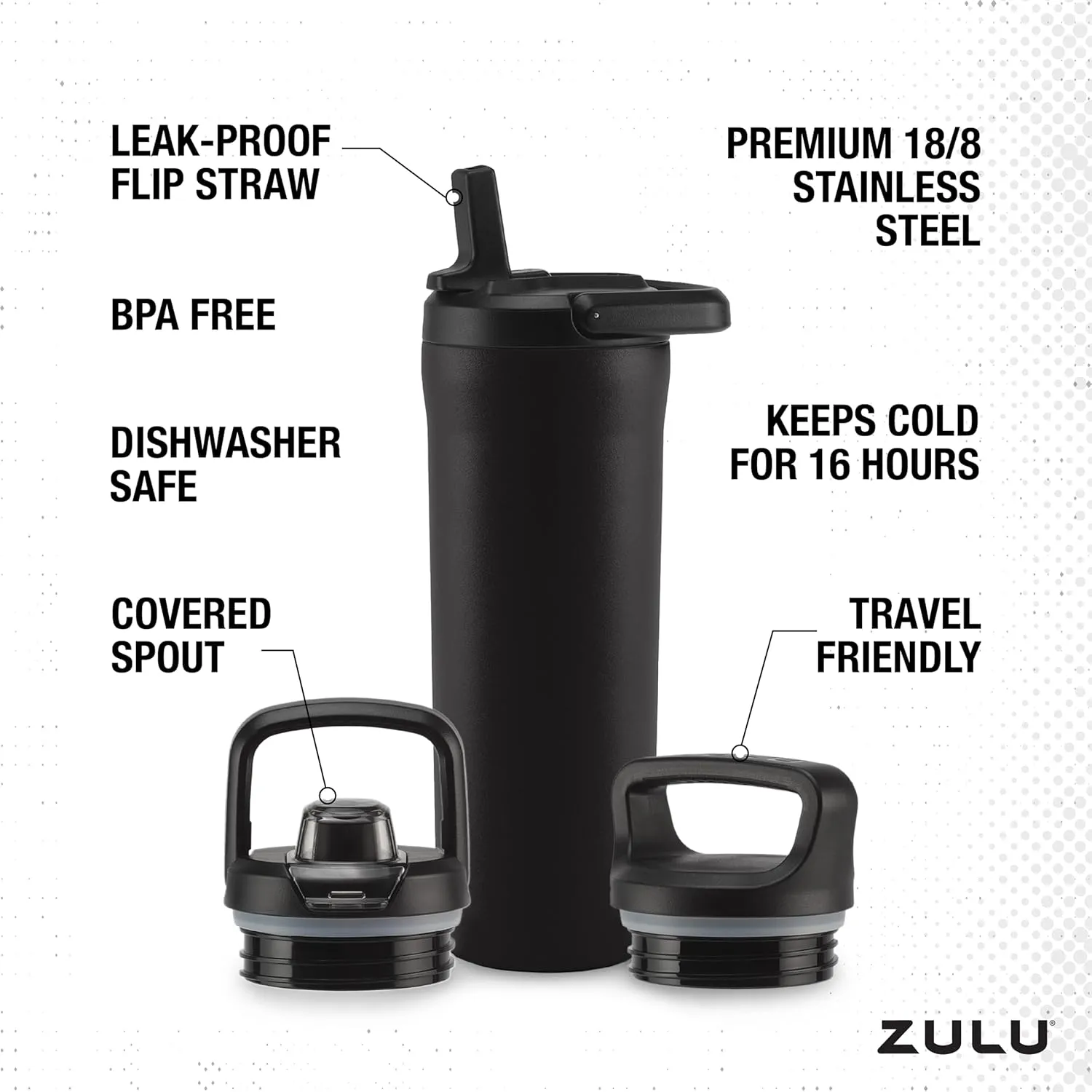 ZULU Base 18oz Kids Stainless Steel Water Bottle with 3 Lids- Straw, Chug, Twist | Double Walled and Vacuum Insulated Metal Thermos | Fits Car Cupholder, Built in Carry Loop, Dishwasher Safe, Black