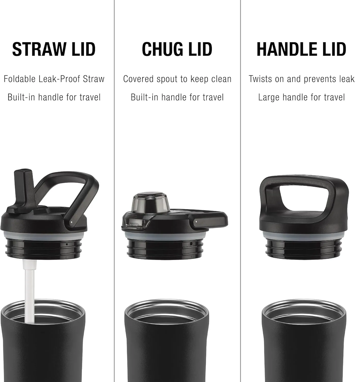 ZULU Base 18oz Kids Stainless Steel Water Bottle with 3 Lids- Straw, Chug, Twist | Double Walled and Vacuum Insulated Metal Thermos | Fits Car Cupholder, Built in Carry Loop, Dishwasher Safe, Black