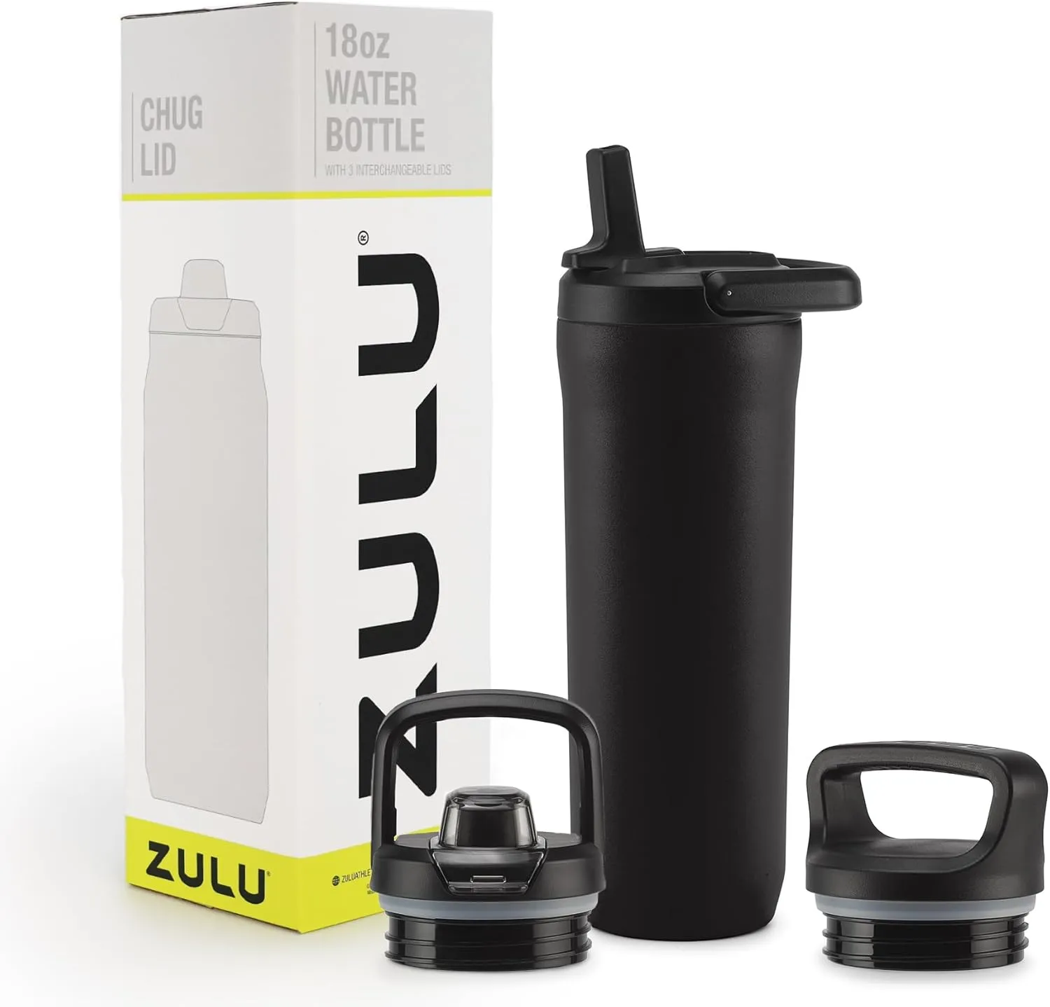 ZULU Base 18oz Kids Stainless Steel Water Bottle with 3 Lids- Straw, Chug, Twist | Double Walled and Vacuum Insulated Metal Thermos | Fits Car Cupholder, Built in Carry Loop, Dishwasher Safe, Black