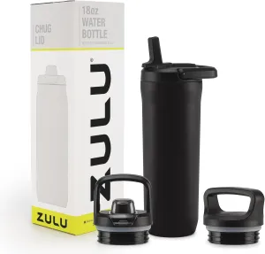 ZULU Base 18oz Kids Stainless Steel Water Bottle with 3 Lids- Straw, Chug, Twist | Double Walled and Vacuum Insulated Metal Thermos | Fits Car Cupholder, Built in Carry Loop, Dishwasher Safe, Black