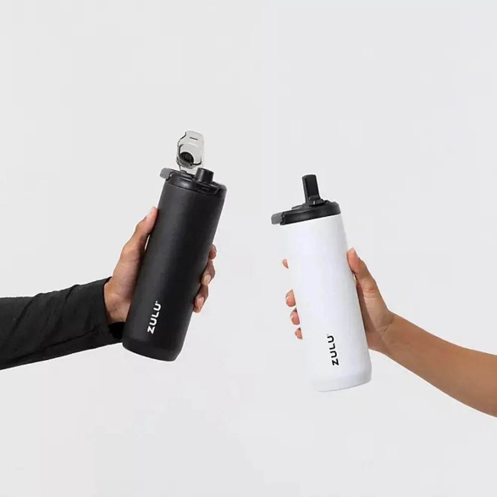 Zulu Base Stainless Steel Water Bottle with Lids, Includes 2 Extra Lids, Color Black/White - 24 Oz Each - 2 Pack